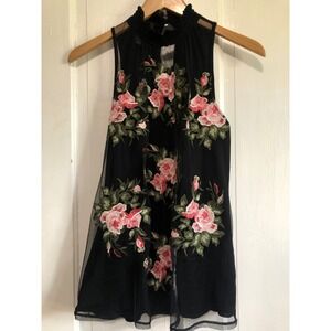 INC Rose Embroidered flowy dark Romance coquette hi Neck Sleeveless Top Black M